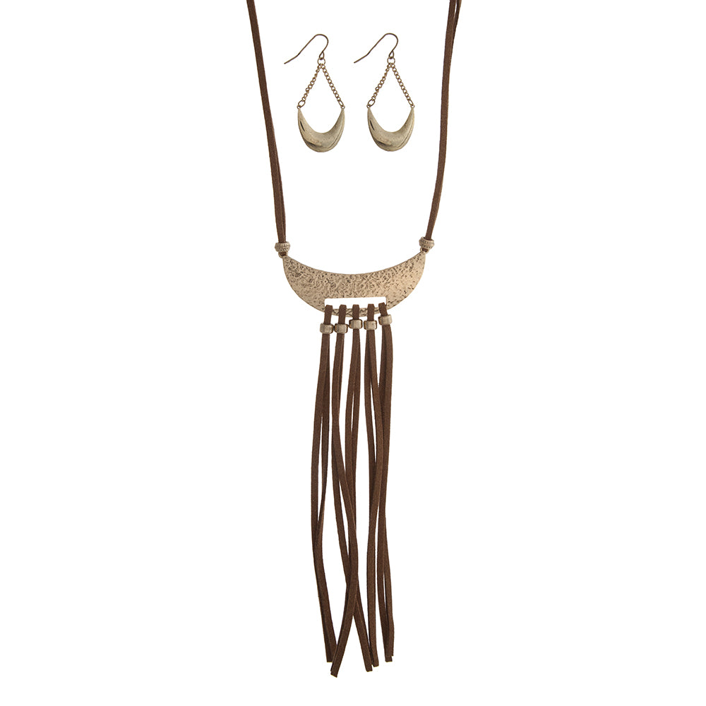 Brown Cord Hammered Crescent Necklace Set