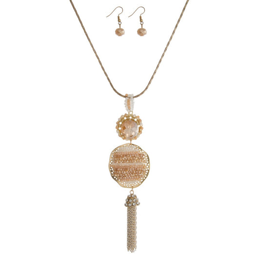 Champagne Beaded and Chain Tassel Necklace Set