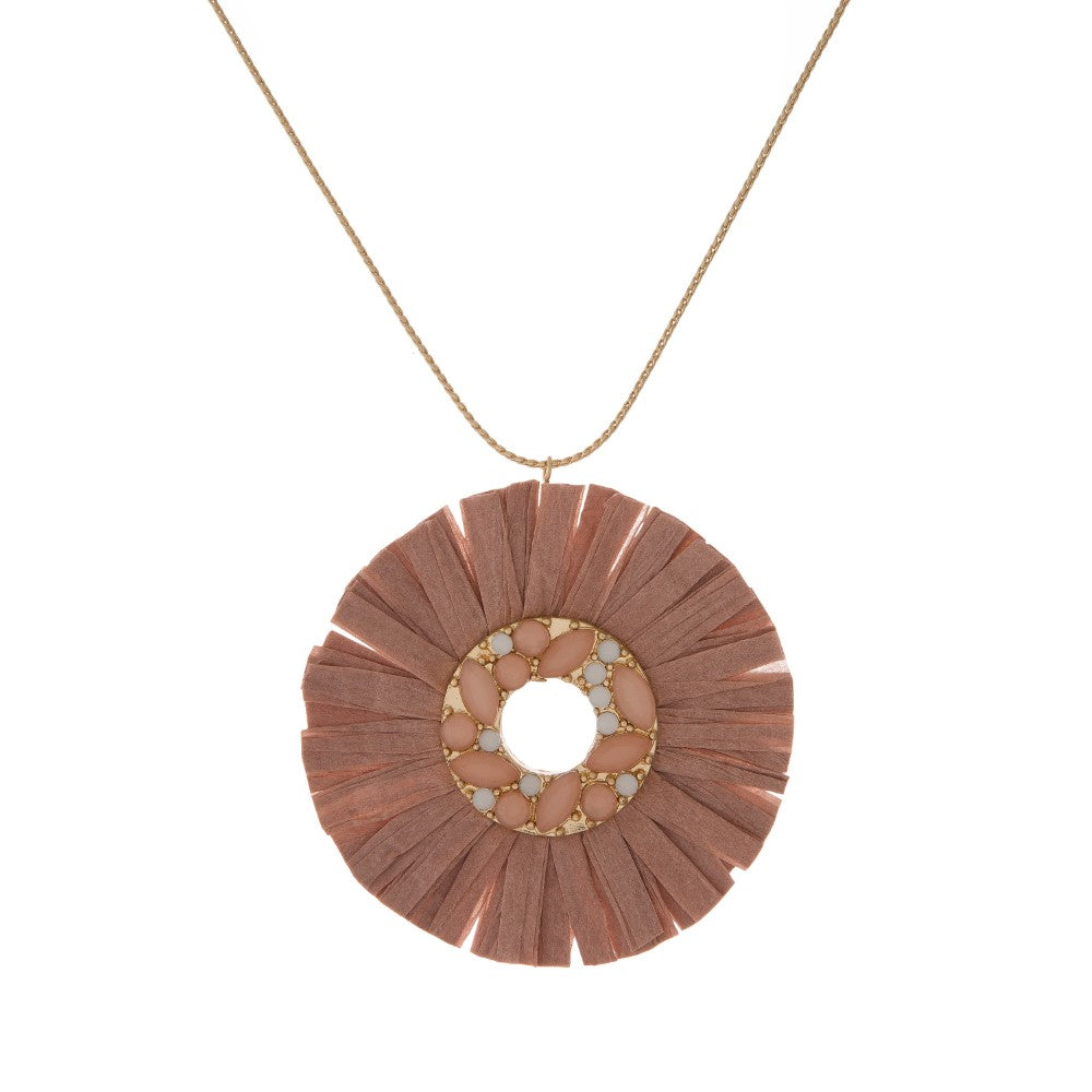 Slide Necklace with Rhinestone, Raffia Pendant