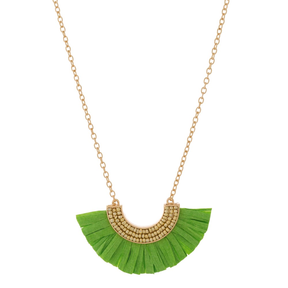 Gold tone Necklace with Beaded, Raffia accent