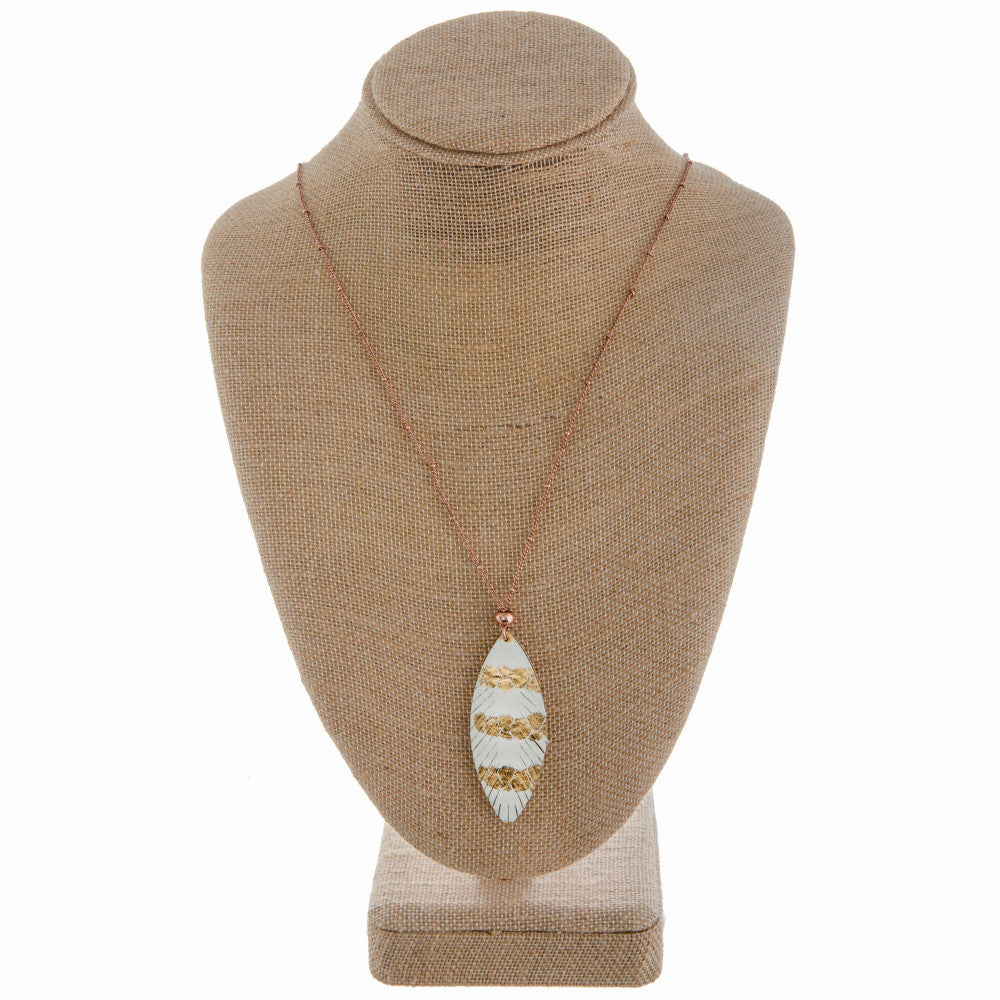 Long Medal Necklace with White Leather Feather Pendant