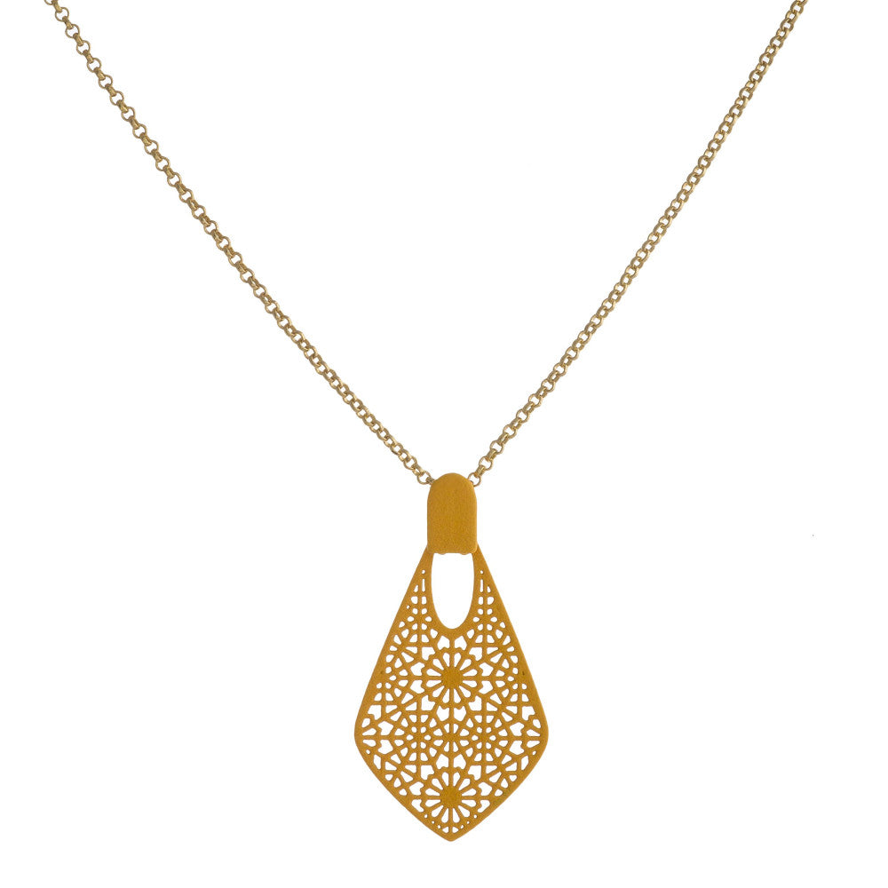 Rolo Chain Necklace with Brown Pointed Teardrop Filigree Pendant