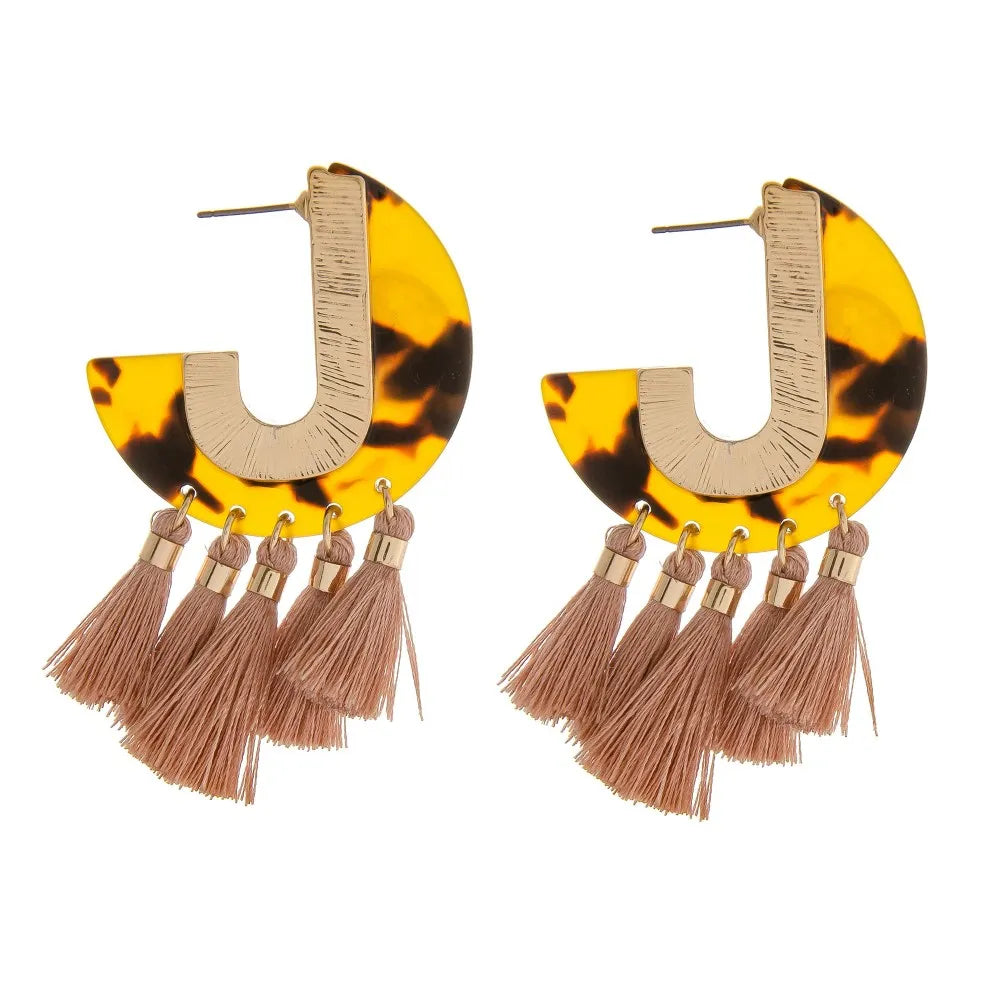 Resin tortoise shell J hoop tassel earrings