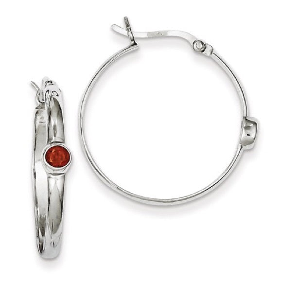 Sterling Silver Hinged Hoops with Red CZ