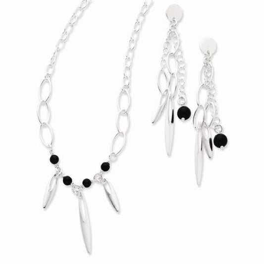 Sterling Silver with Black Beads Necklace and Earrings Set