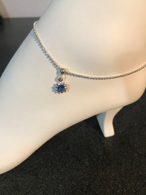 Sterling Silver Anklet with Blue Crystal Dangle