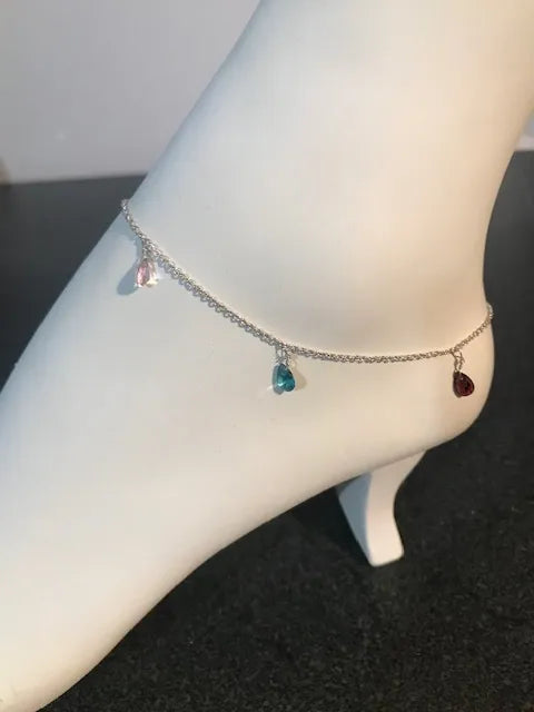 Sterling Silver Anklet with Multi-Colored Dangling Cubic Zirconias