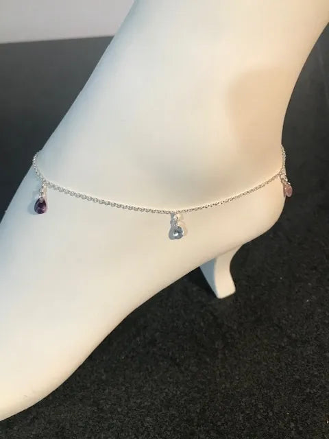 Sterling Silver Anklet with Multi-Colored Cubic Zirconia Dangles