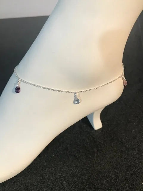 Sterling Silver Anklet with Multi-Colored Dangling Cubic Zirconias