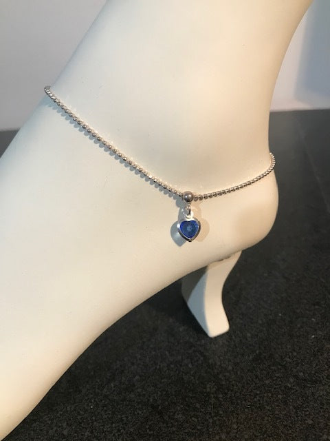 Sterling Silver Anklet with Blue Crystal Heart Dangle