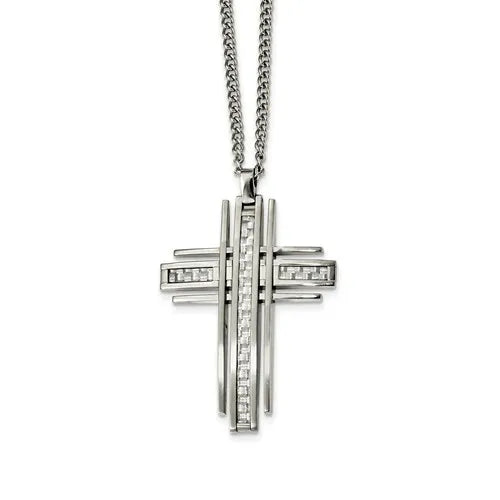 Chisel Stainless Steel Grey Carbon Fiber Cross 24″ Necklace