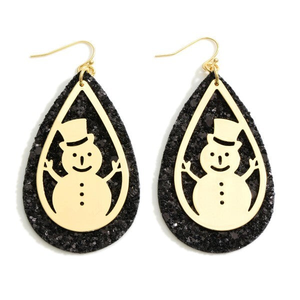 Snowman Black Glitter Teardrop Earrings