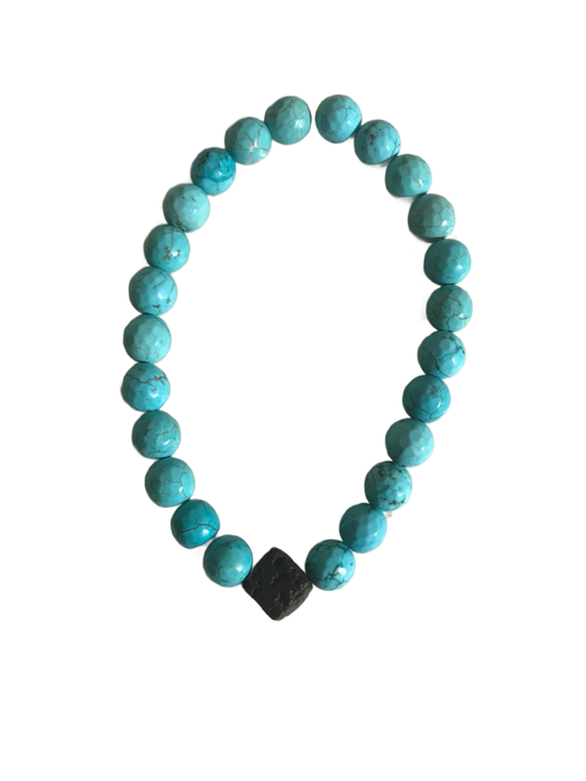 ?Turquoise Beads With Cube Lava Bead Stretch Bracelet
