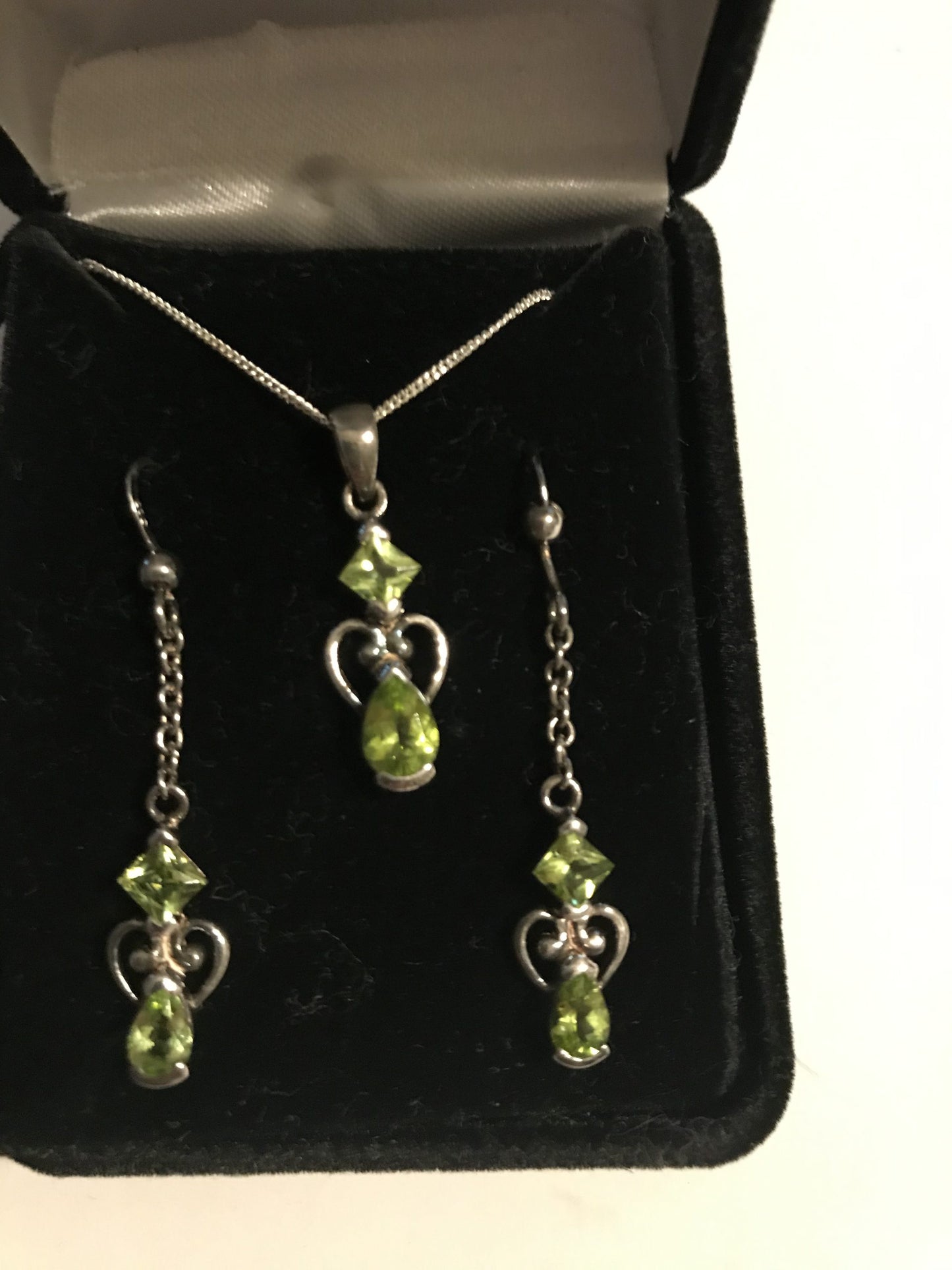 .925 Sterling Silver Genuine Peridot Necklace and Dangle Earrings Set