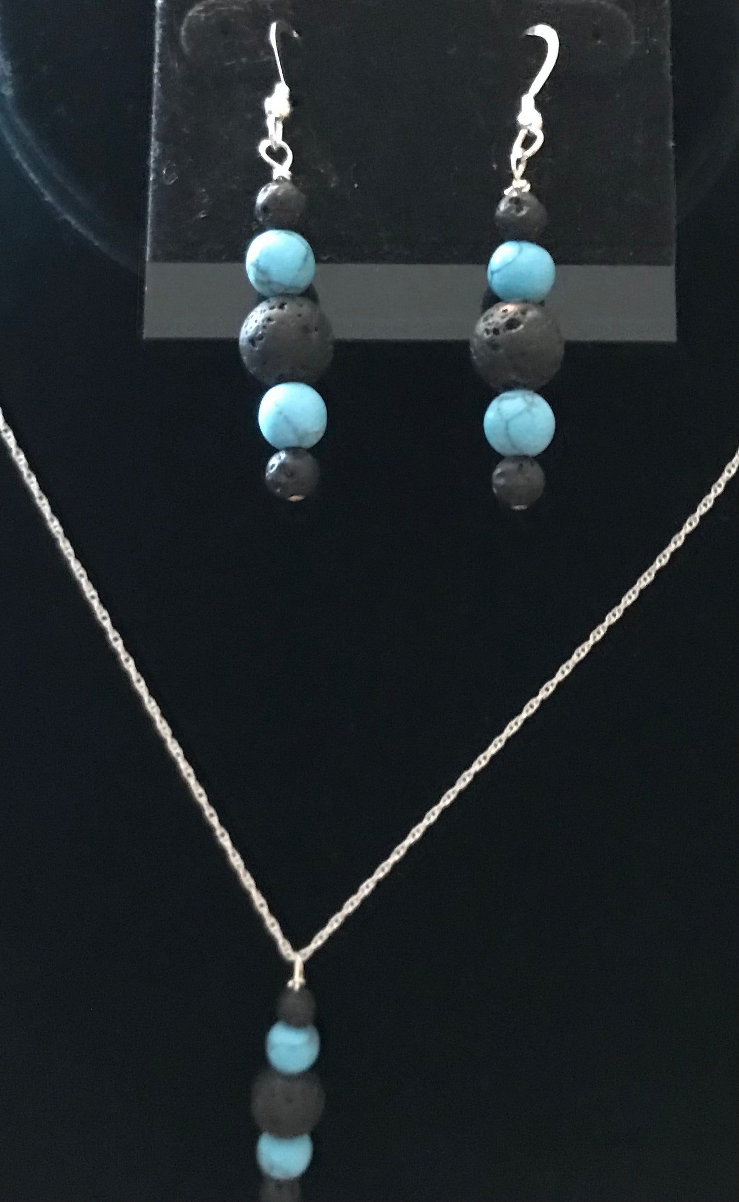 ?Lava and Turquoise Bead Sterling Silver Necklace and Earring Set