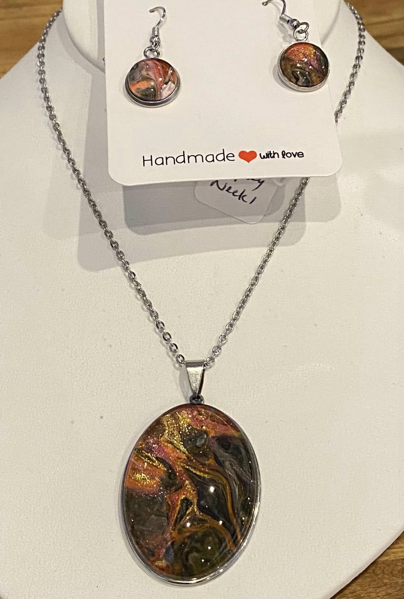 Multi-Colored Large Oval Art Necklace and Dangle Earrings Jewelry Set