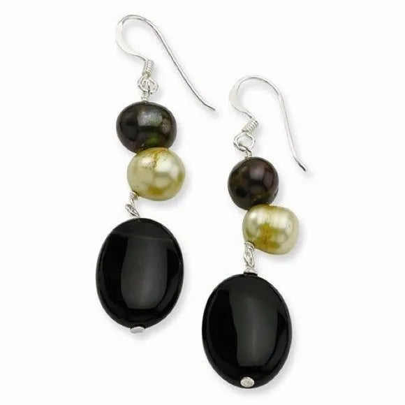 Genuine Black Agate and CFW Pearl Earrings
