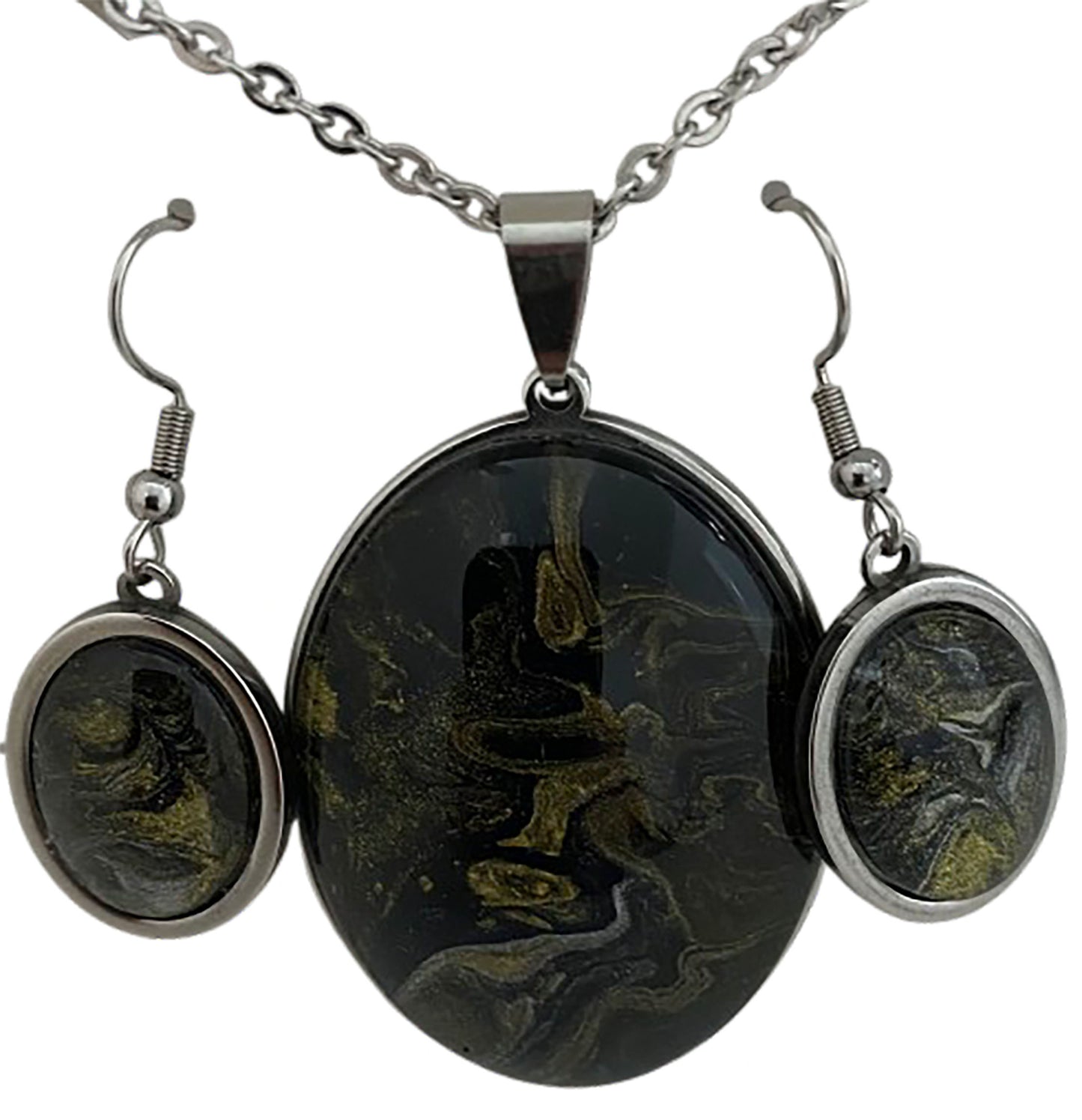 Black Gold and Silver Large Oval Art Necklace and Dangle Earrings Jewelry Set
