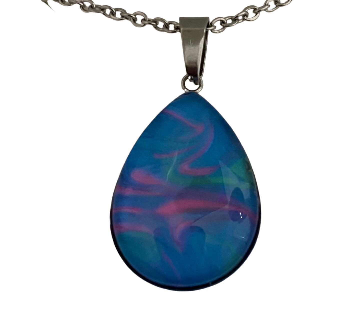 Pink Blue and Green Art Teardrop Necklace