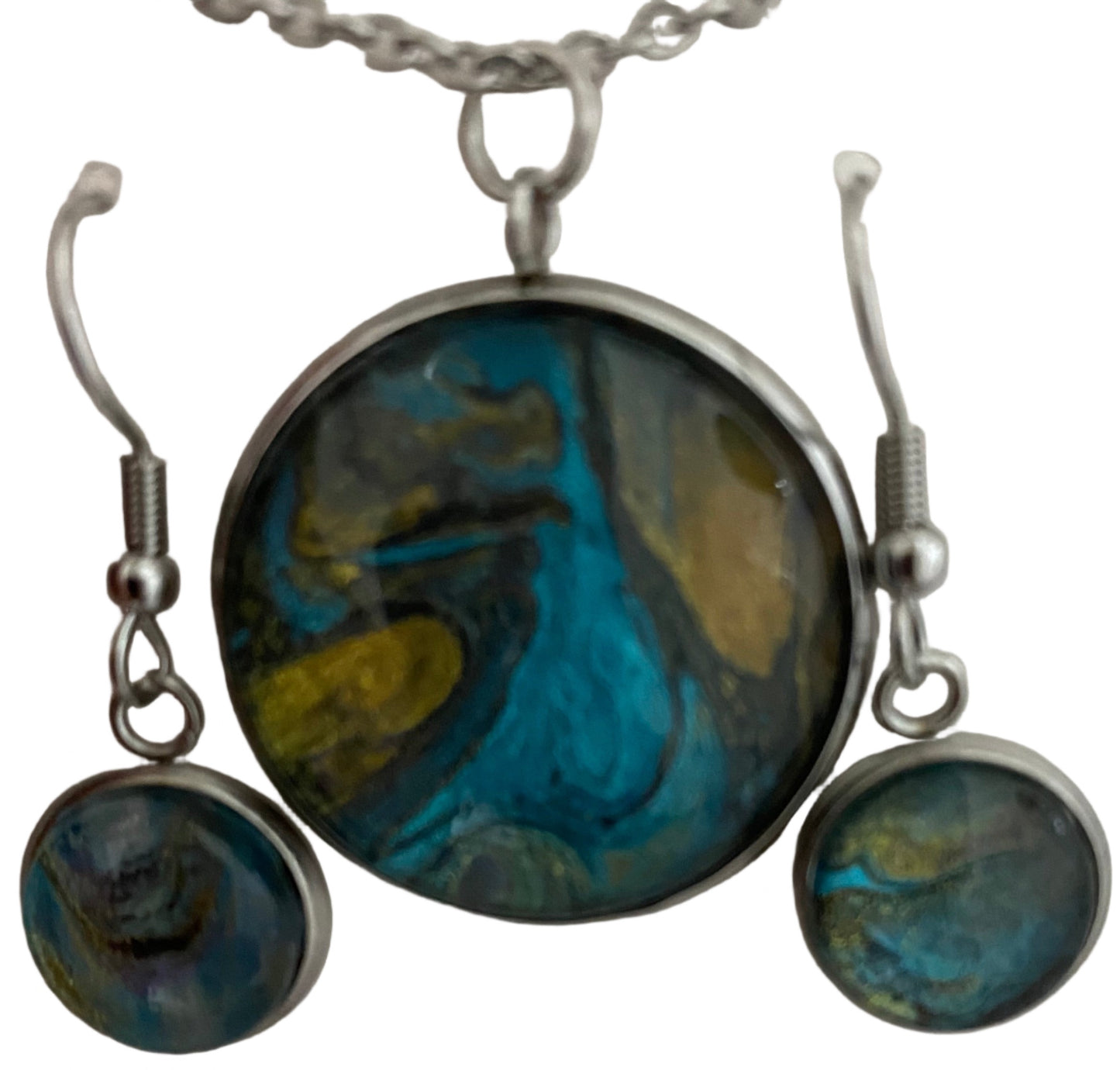Blues, Gold and Black Art Jewelry Set