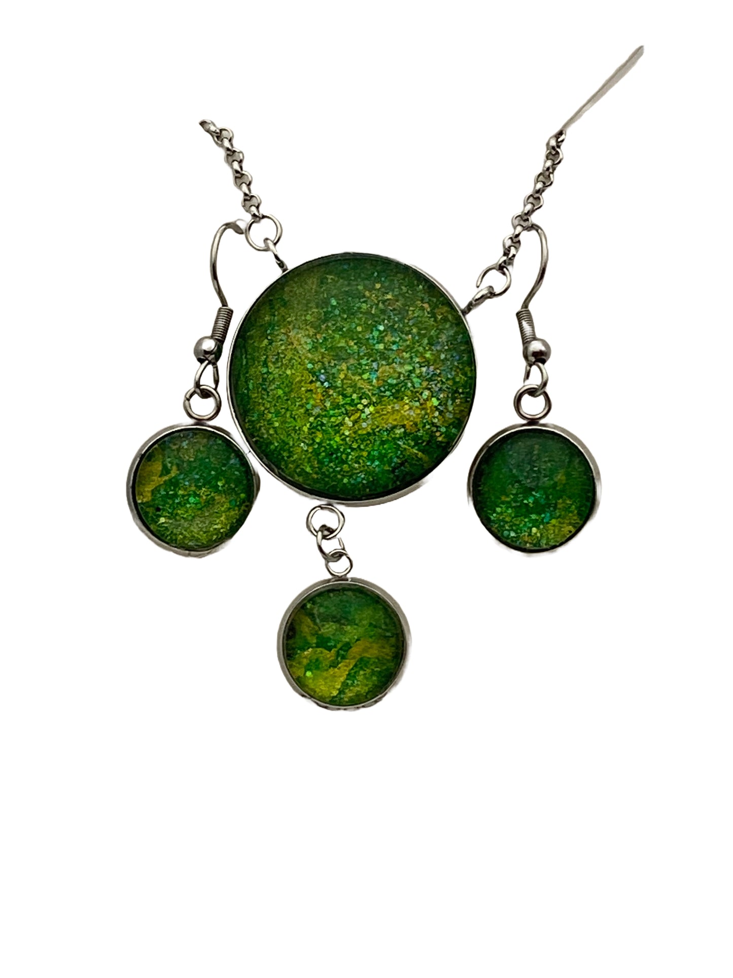 Green and Gold with Dangle Art Jewelry Set