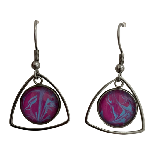 Hot Pink and Blue Fluid Art Stainless Steel Triangle Dangle Earrings