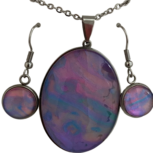 Pastel Colors Large Oval Art Necklace and Dangle Earrings Jewelry Set