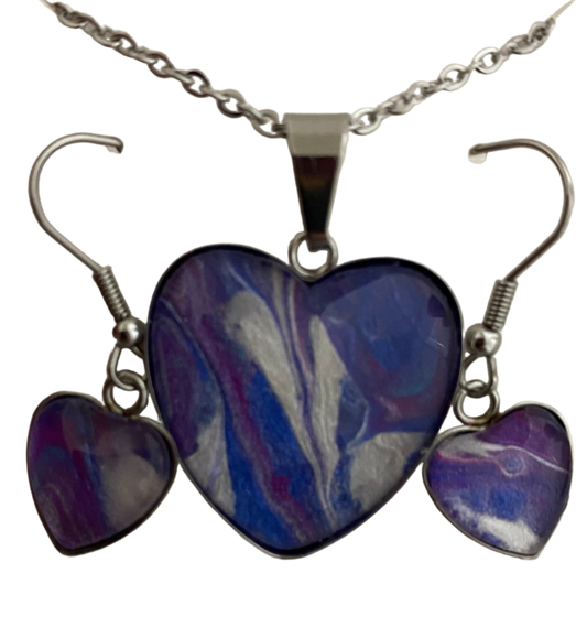 Purples and White Heart Art Jewelry Set