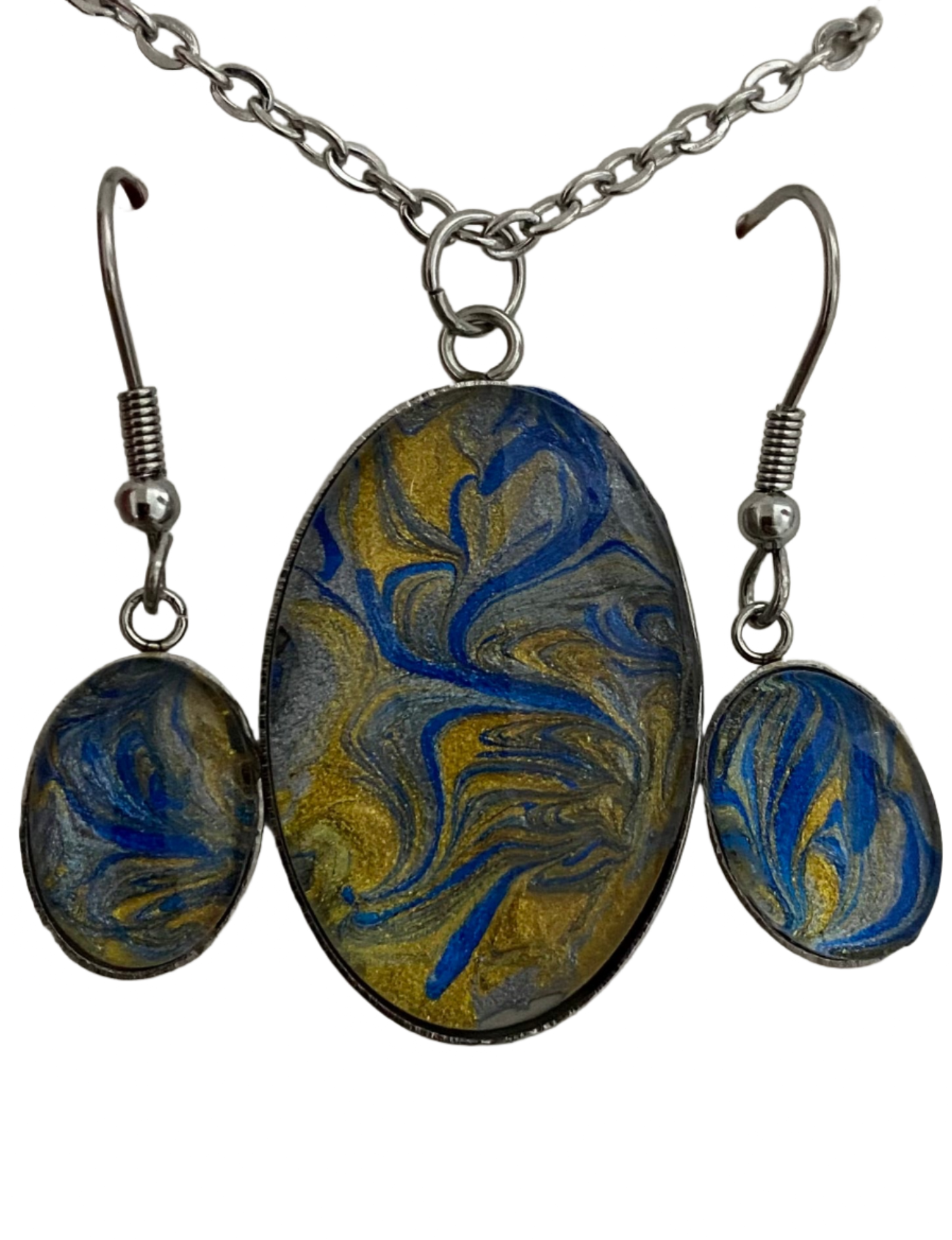 Blue and Gold Ovals Art Jewelry Necklace and Earrings Set