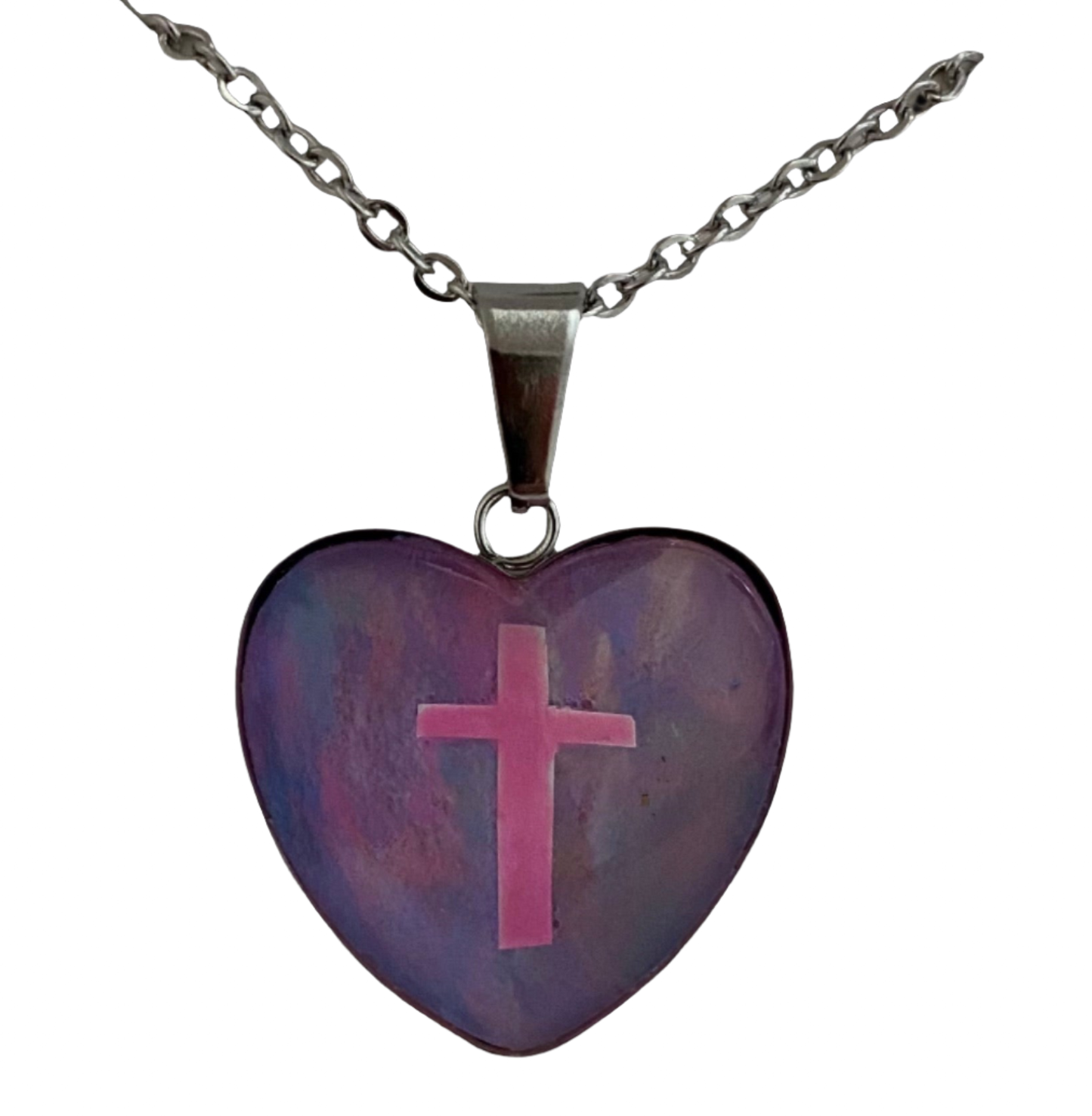 Multi-Colored Art Pendant with Pink Cross Necklace