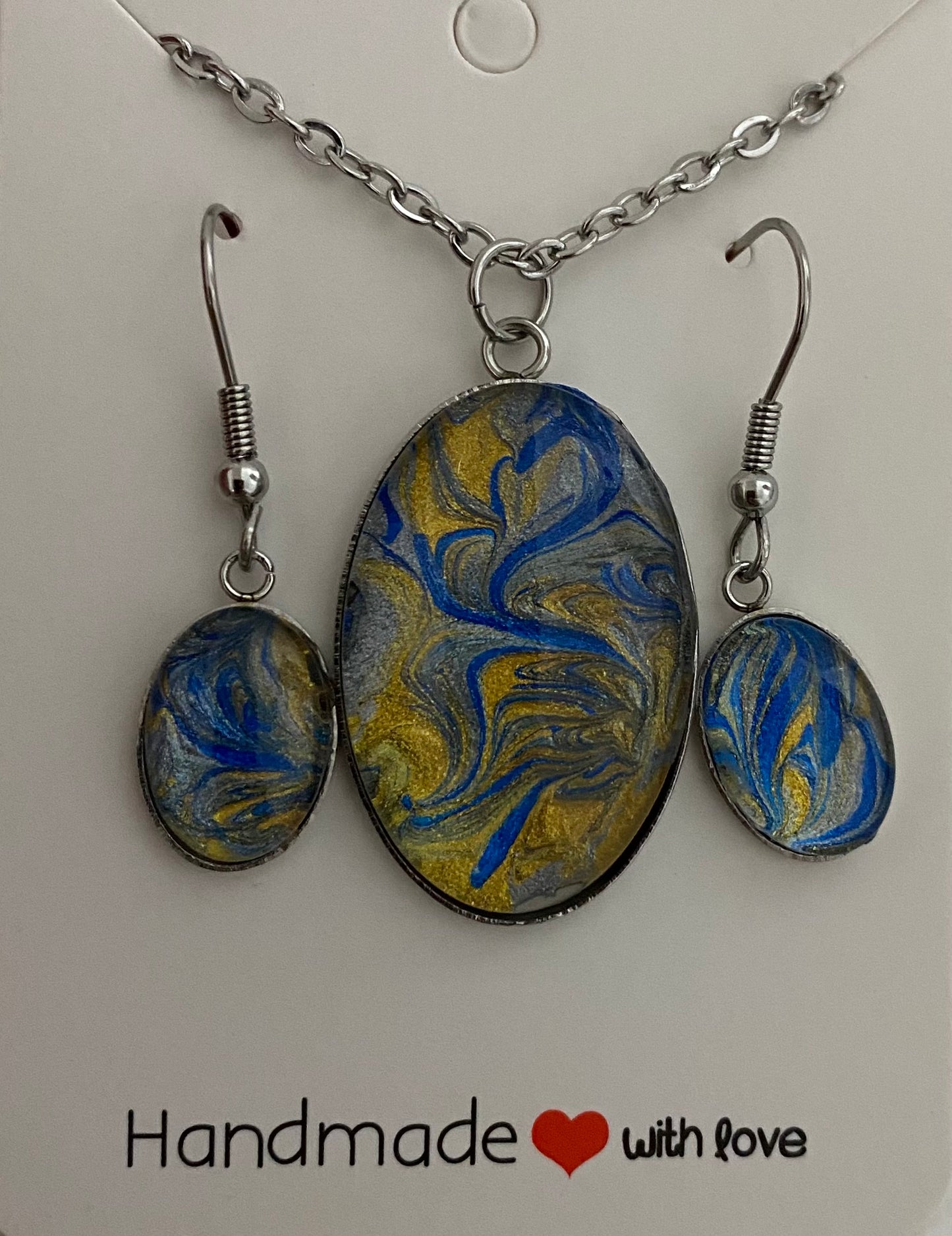 Blue and Gold Ovals Art Jewelry Set