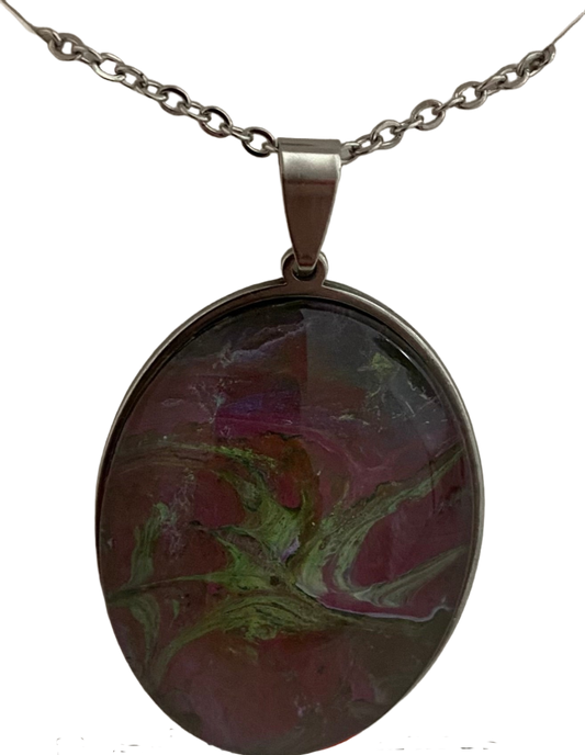 Mauves and Greens Fluid Art Large Oval Necklace