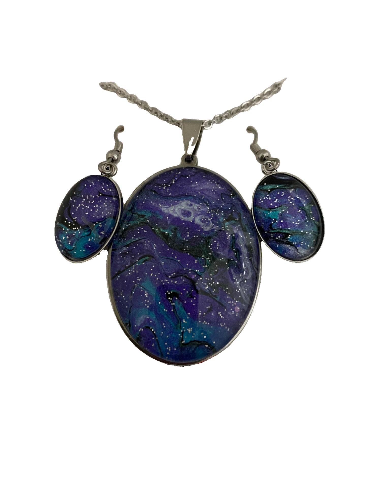Purple, Black, Blue and Green Glittered Large Oval Art Necklace and Dangle Earrings Jewelry Set