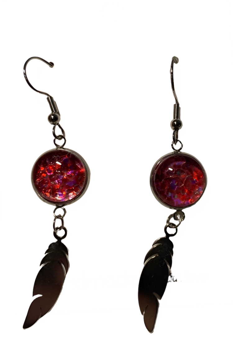 Red Glitter Feather Dangle Earrings