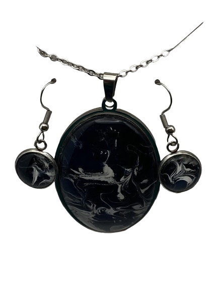 Black and White Large Oval Art Necklace and Dangle Earrings Jewelry Set