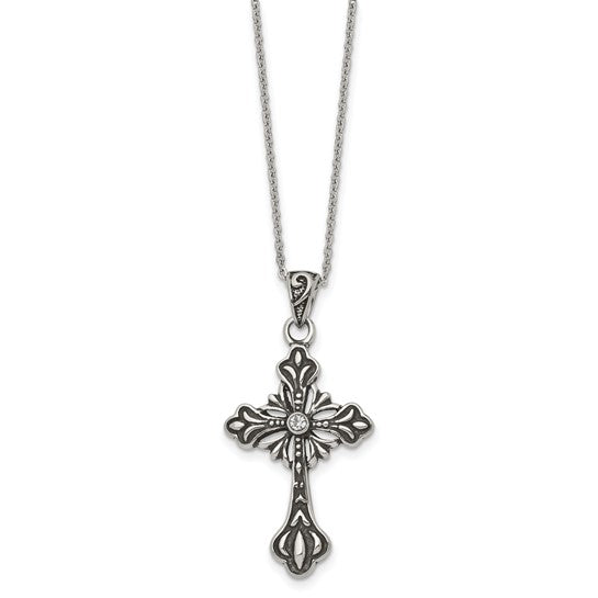 Chisel Stainless Steel Antiqued Crystal Cross 18in Necklace