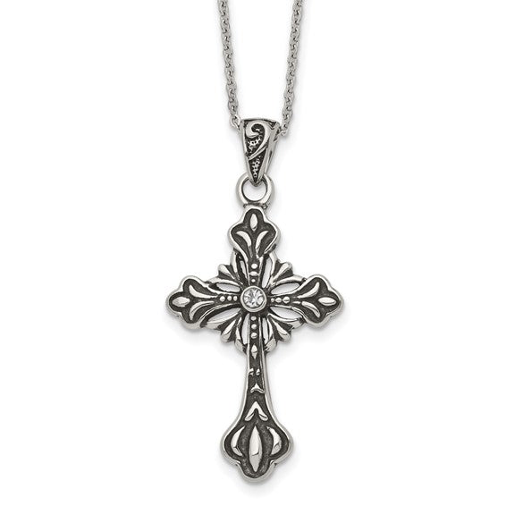 Chisel Stainless Steel Antiqued Crystal Cross 18in Necklace