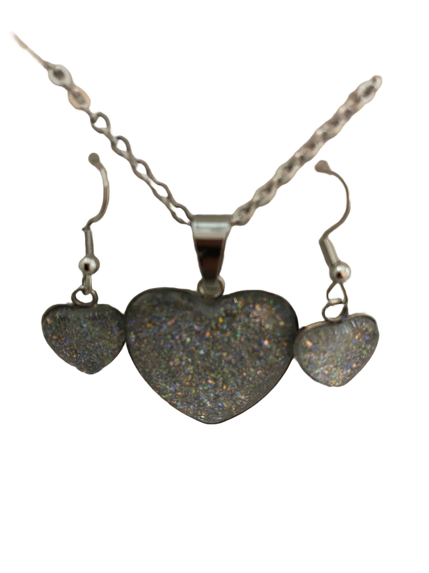 Silver Glitter Handmade Valentine Necklace and Dangle Earrings Set