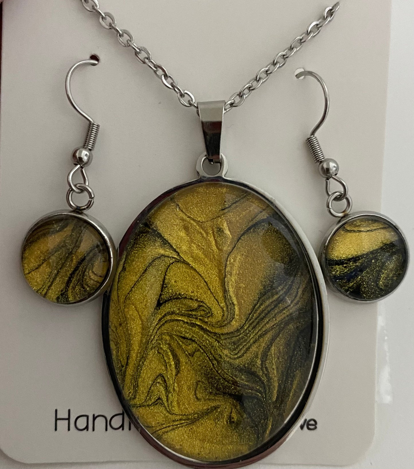 Yellow and Black Large Oval Art Necklace and Dangle Earrings Jewelry Set