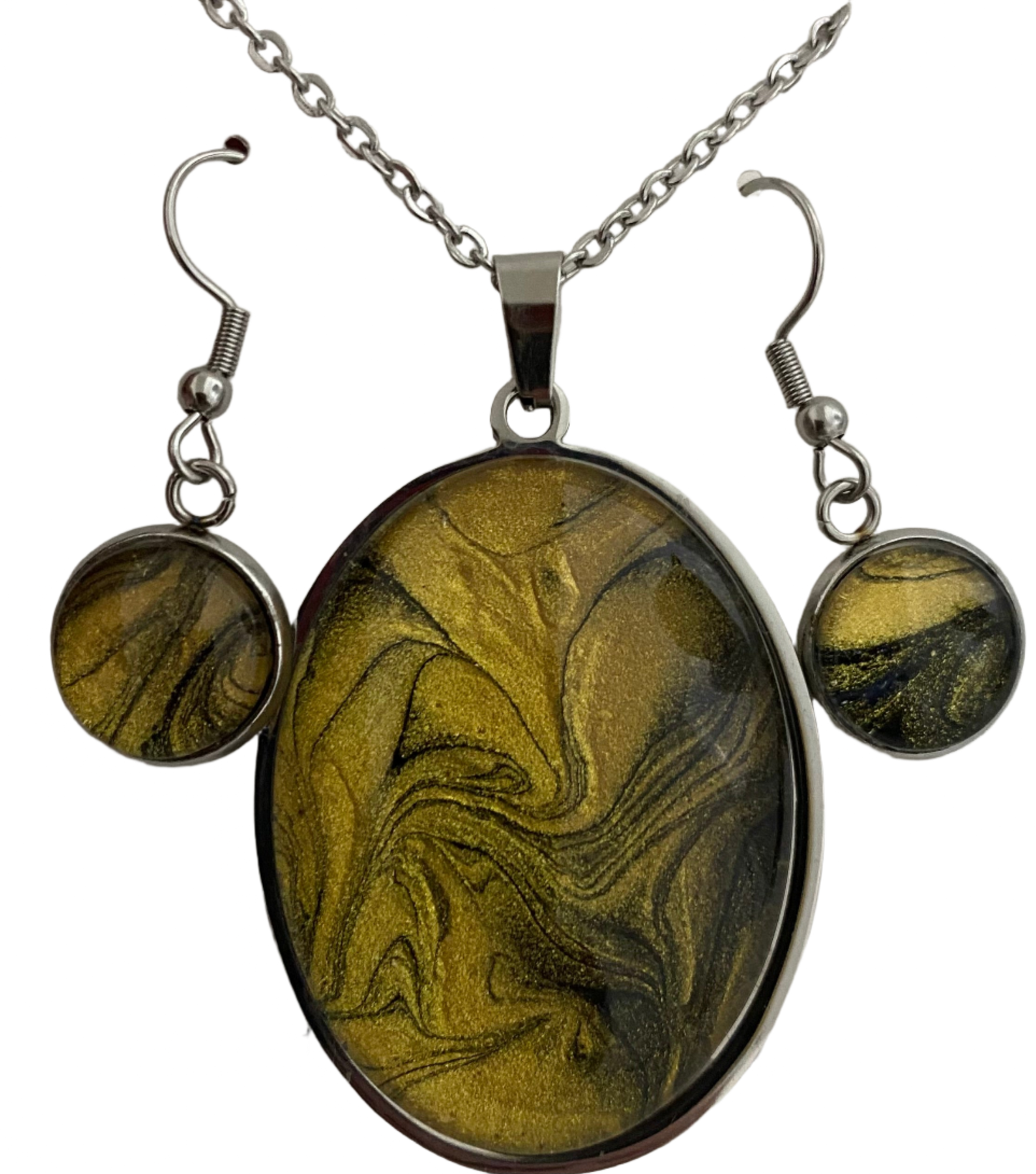 Yellow and Black Large Oval Art Necklace and Dangle Earrings Jewelry Set