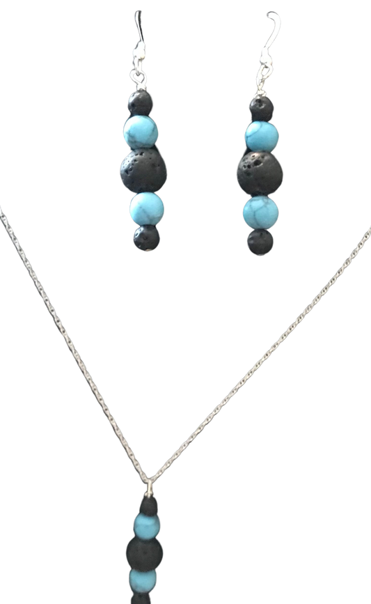 ?Lava and Turquoise Bead Sterling Silver Necklace and Earring Set