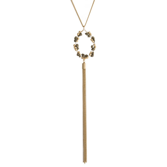 Pyrite Beaded Circle Pendant and Chain Tassel Necklace