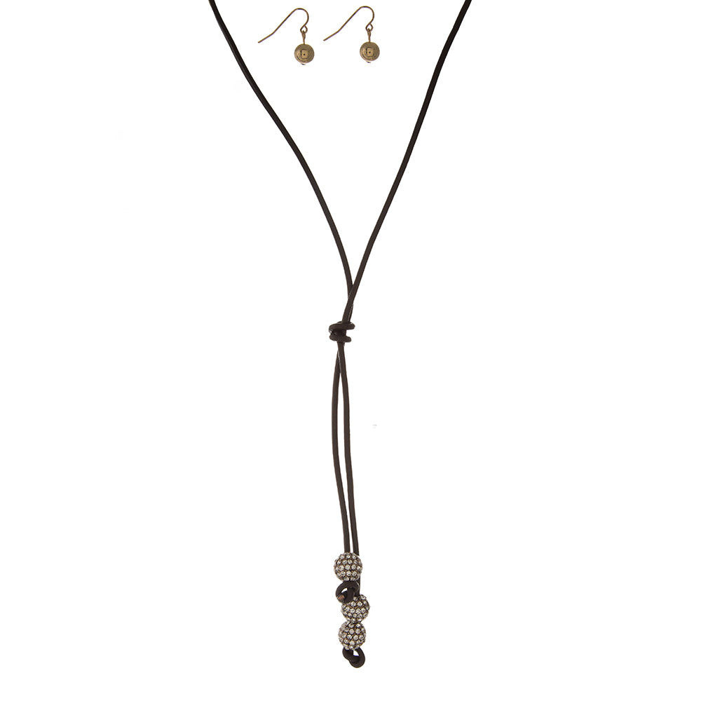 Brown Leather Necklace with Gold tone Pave Beads