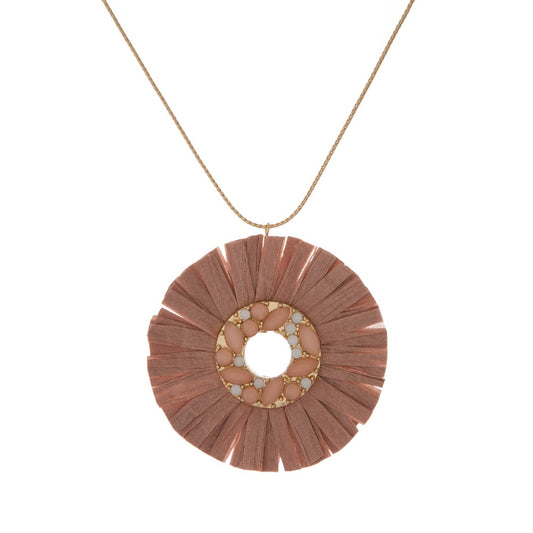 Slide Necklace with Rhinestone, Raffia Pendant