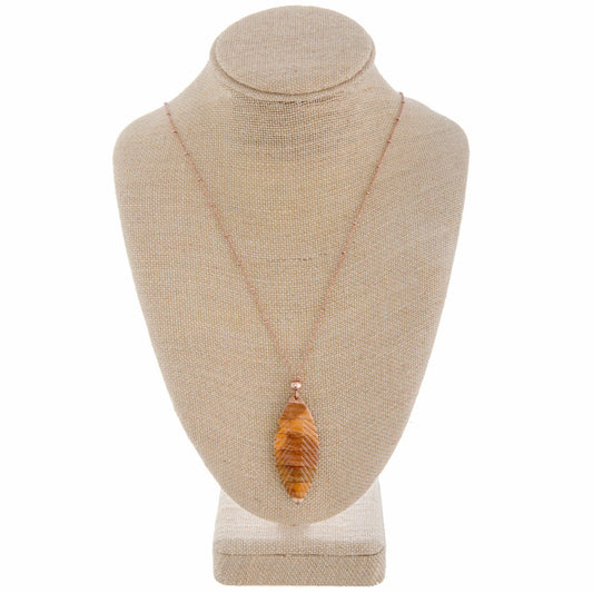 Long Medal Necklace with Orange Leather Feather Pendant