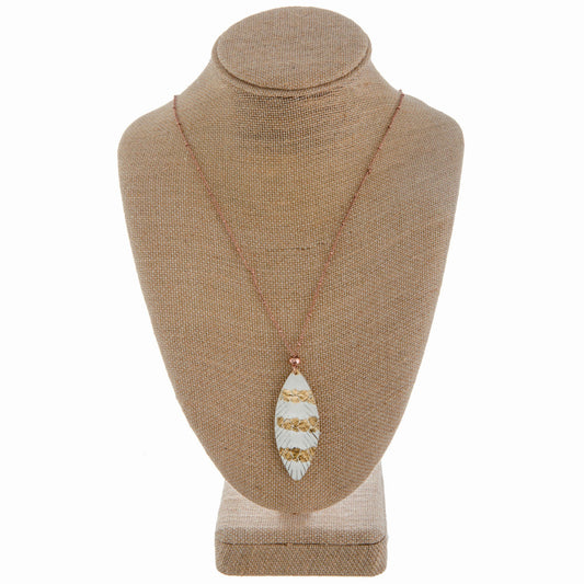 Long Medal Necklace with White Leather Feather Pendant