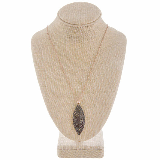 Long Medal Necklace with Brown Leather Feather Pendant