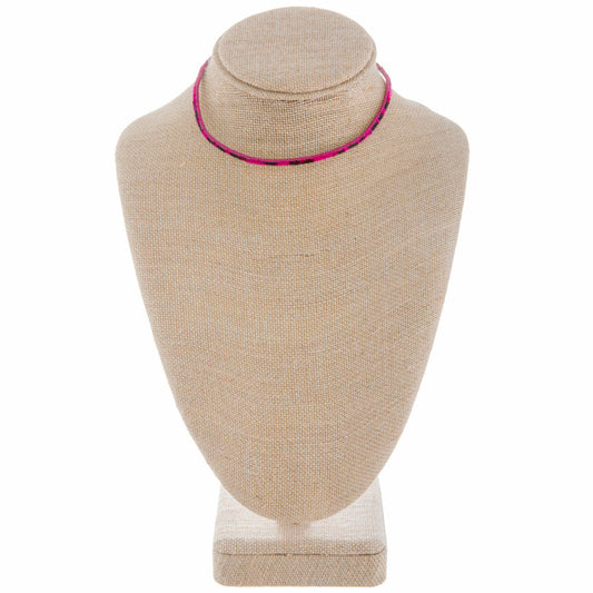 Short Fuchsia and Black Leather Animal Print Necklace