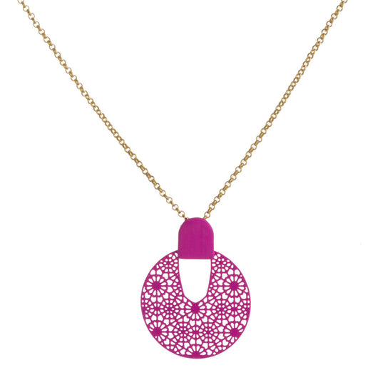 Rolo Chain Necklace with Pink Filigree Disc Pendant