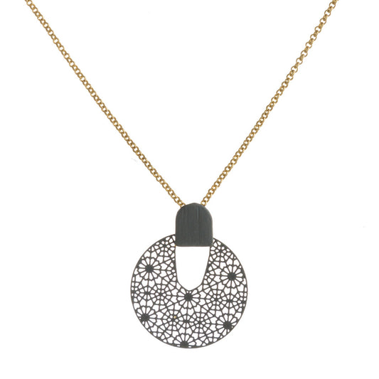 Rolo Chain Necklace with Brown  Filigree Disc Pendant